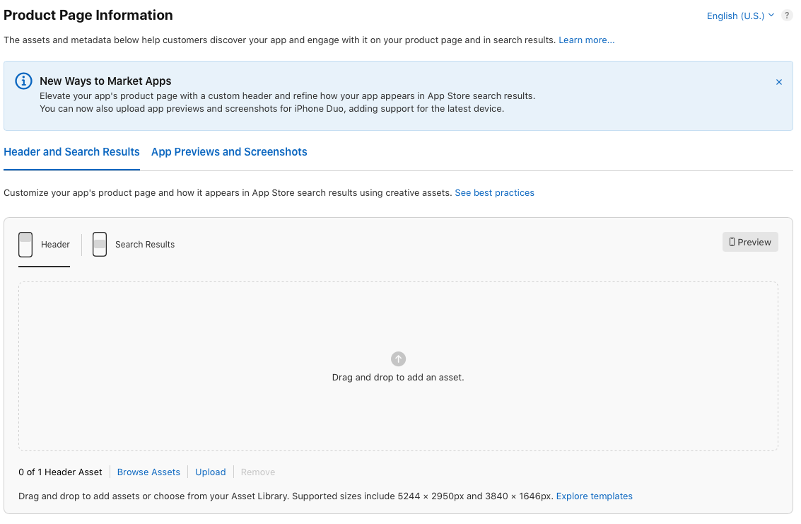 App Store Connect banner titled New Ways to Market Apps, announcing the custom header, the search results asset and iPhone Duo screenshots.
