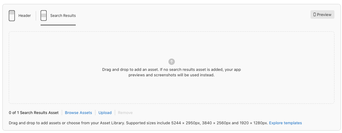 The empty Search Results slot in App Store Connect, explaining that app previews and screenshots are used if no search results asset is added.