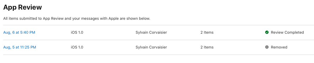 Yfirferðarsaga í App Store Connect fyrir TapTap Grocery, merkt Review Completed.
